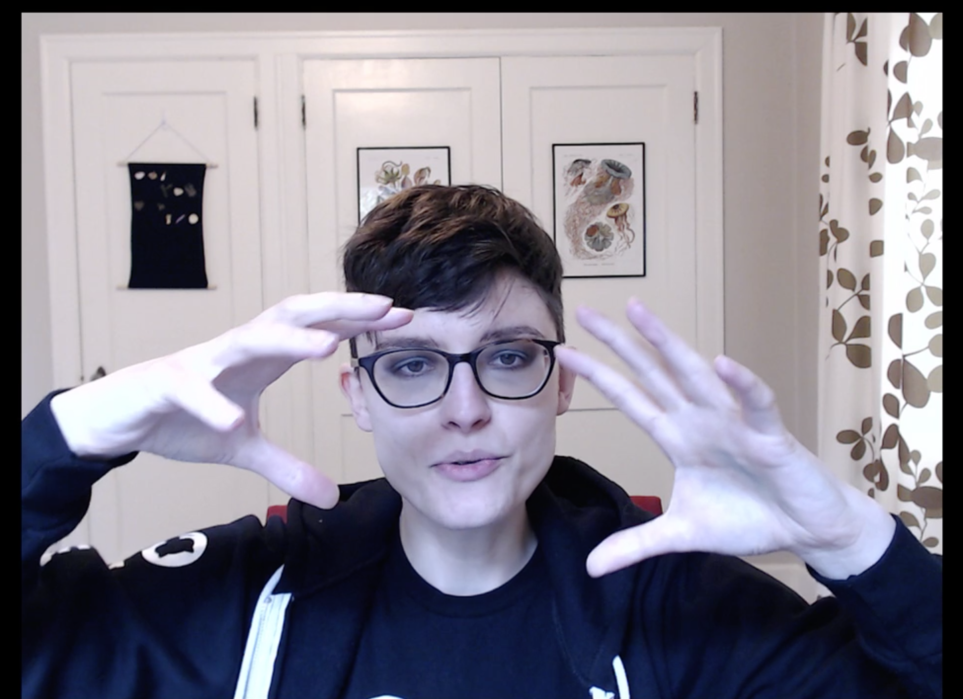 Screenshot from one of my CTF streams on Twitch. I'm dressed in black and explaining something with my hands, which are raised on either side of my face. I'm well-lit, in-focus, and in-frame.