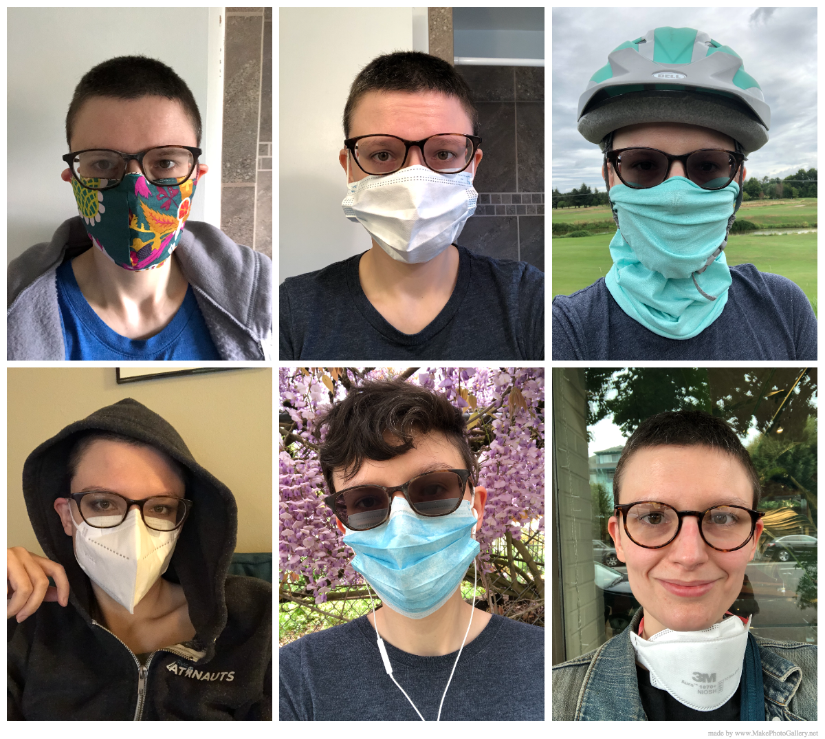 Six selfies in different masks, ranging from a homemmade cloth mask, to ill-fitting surgical, to better surgical, then finally an n95. My hair varies from buzz cut to long on top with shaved sides.