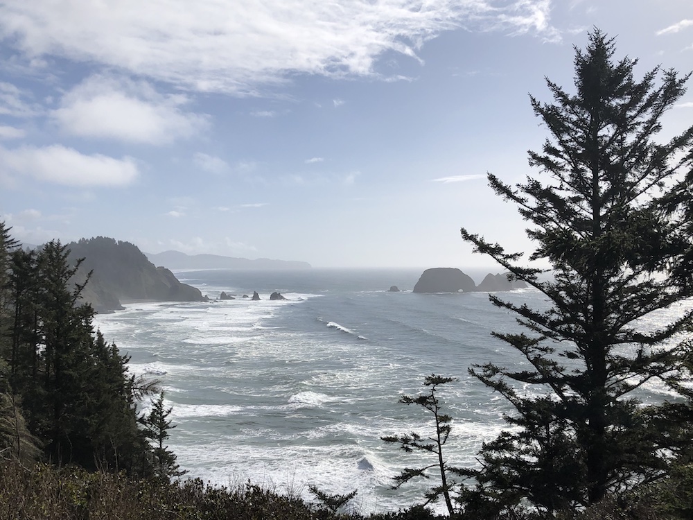 High cliff view of the Oregon coast with frothy ocean waves crashing against large rocks.