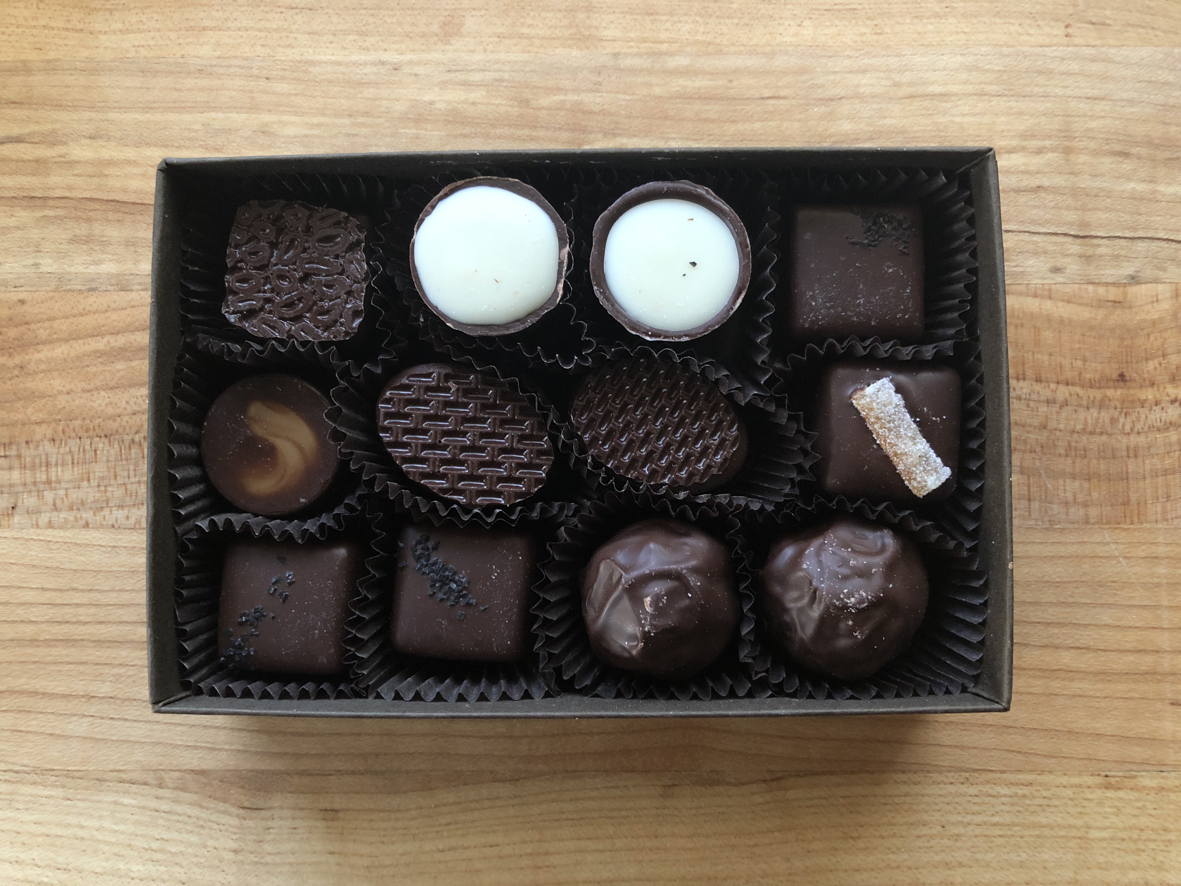 A box of assorted fancy chocolates.